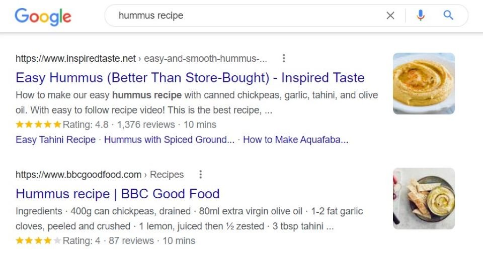 An example of rich snippets for a hummus recipe